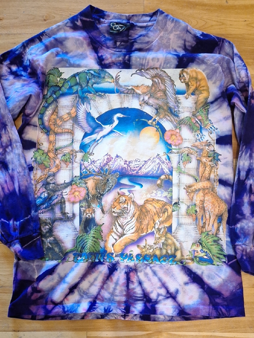RARE single-stitch Lisa Chapman Graphics Eden's Passage Animals Tie dye Tee L